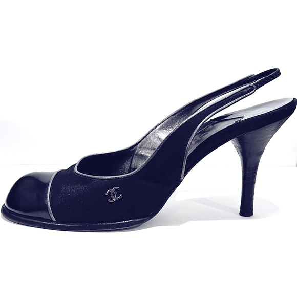 Chanel round toe spectator sling backs with pewter metallic piping - Picture 1 of 12